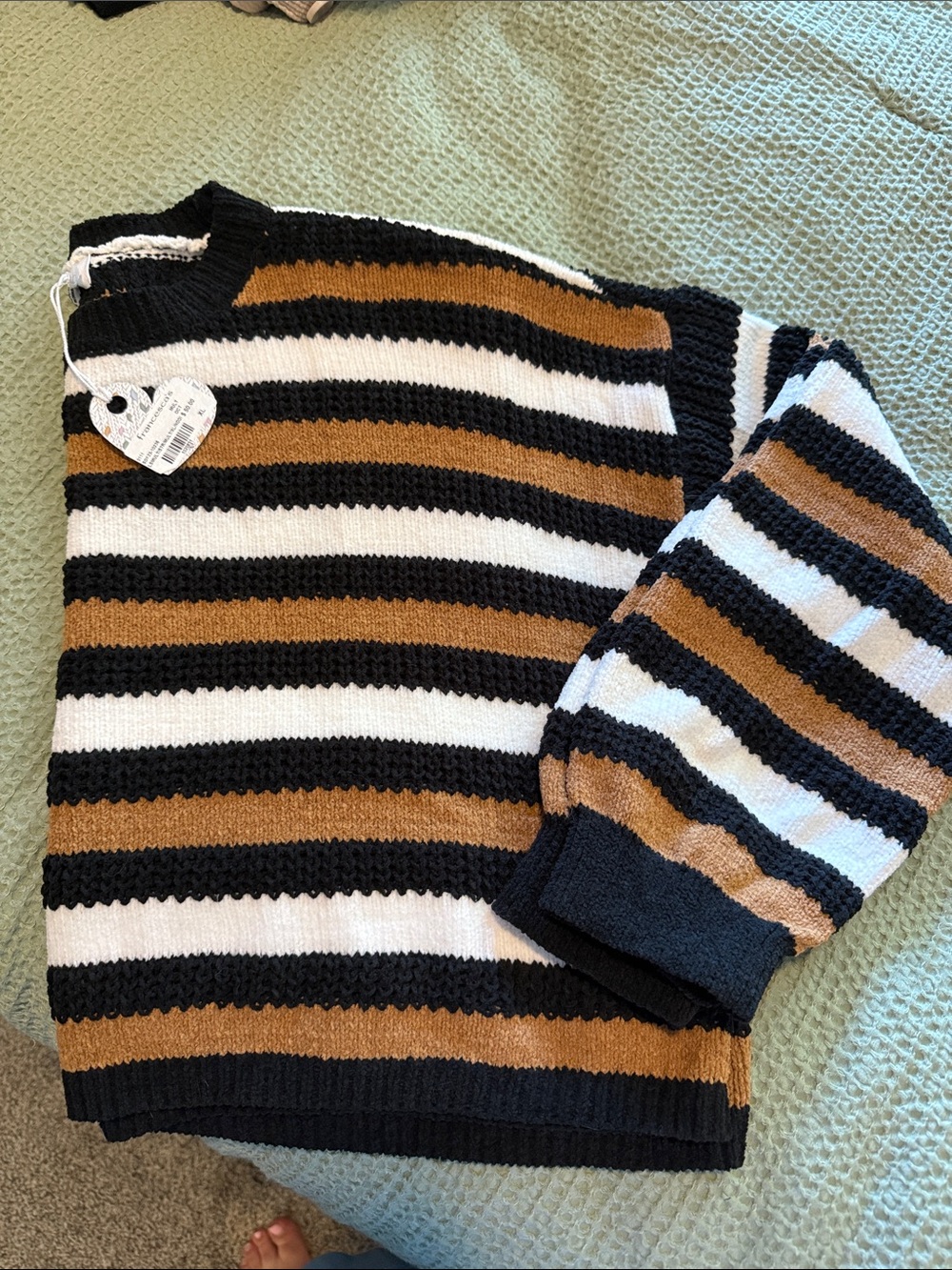 Francesca's Collections Striped Crewneck Sweater in Black, White & Brown